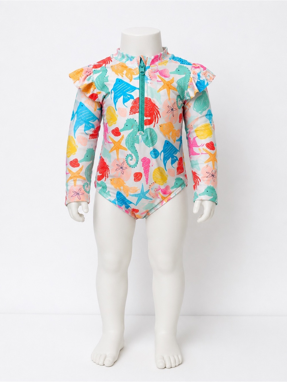 Girls long sleeve, zip up, One-Piece Swimsuit with Sea Life Print - Multicolor